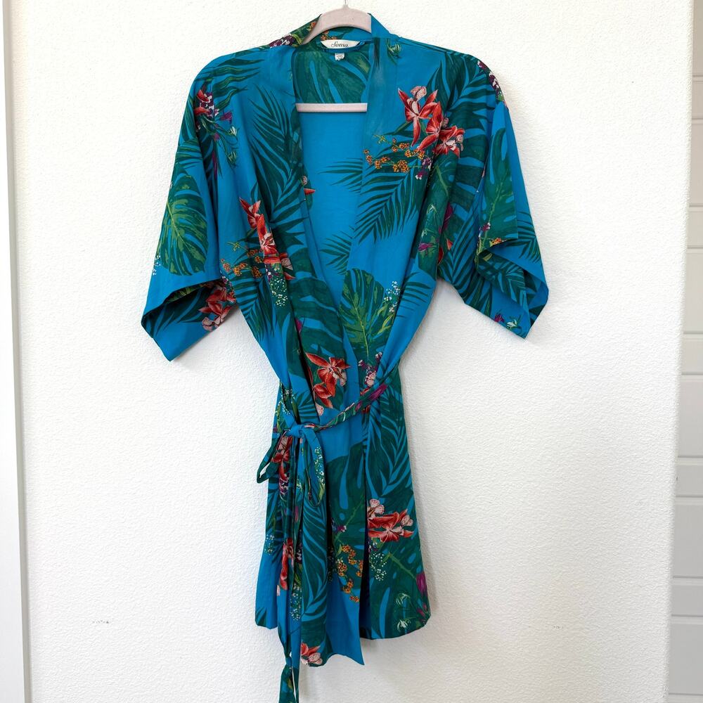 SOMA Tropical Floral Kimono Robe Blue S/M Short Sleeve Wrap Cover Up Lounge